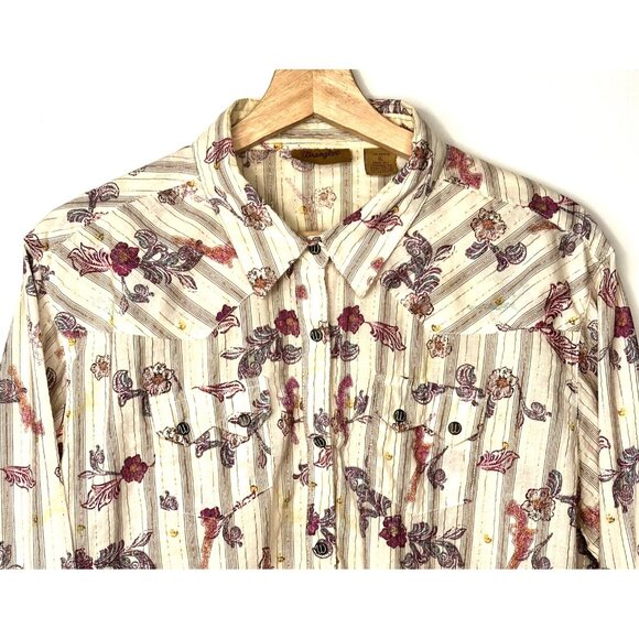 Wrangler Womens Shirt Western Floral Print Snap Cotton Gold Stripe Vintage XL - Picture 3 of 15